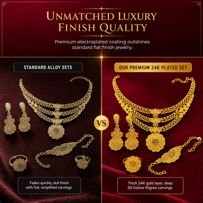 👑✨24K Gold Plated Royal Golden Bridal Jewelry Collection – Elegant Necklace, Earrings, Bracelet & Ring Set