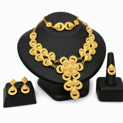 👑✨24K Gold Plated Royal Golden Bridal Jewelry Collection – Elegant Necklace, Earrings, Bracelet & Ring Set