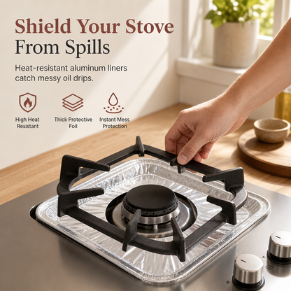 ⏳Buy one get one free for a limited time⏰25 Pack Heavy Duty Foil Gas Stove Burner Liners For Easy Cleaning And Spill Protection 🍳