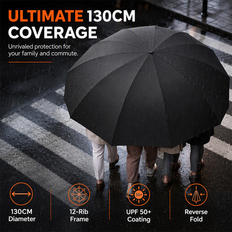 🌧️ Extra Large 130cm Windproof Storm Umbrella with 12 Reinforced Ribs & UV Protection 🛡️