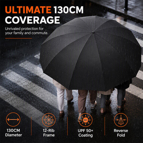 🌧️ Extra Large 130cm Windproof Storm Umbrella with 12 Reinforced Ribs & UV Protection 🛡️