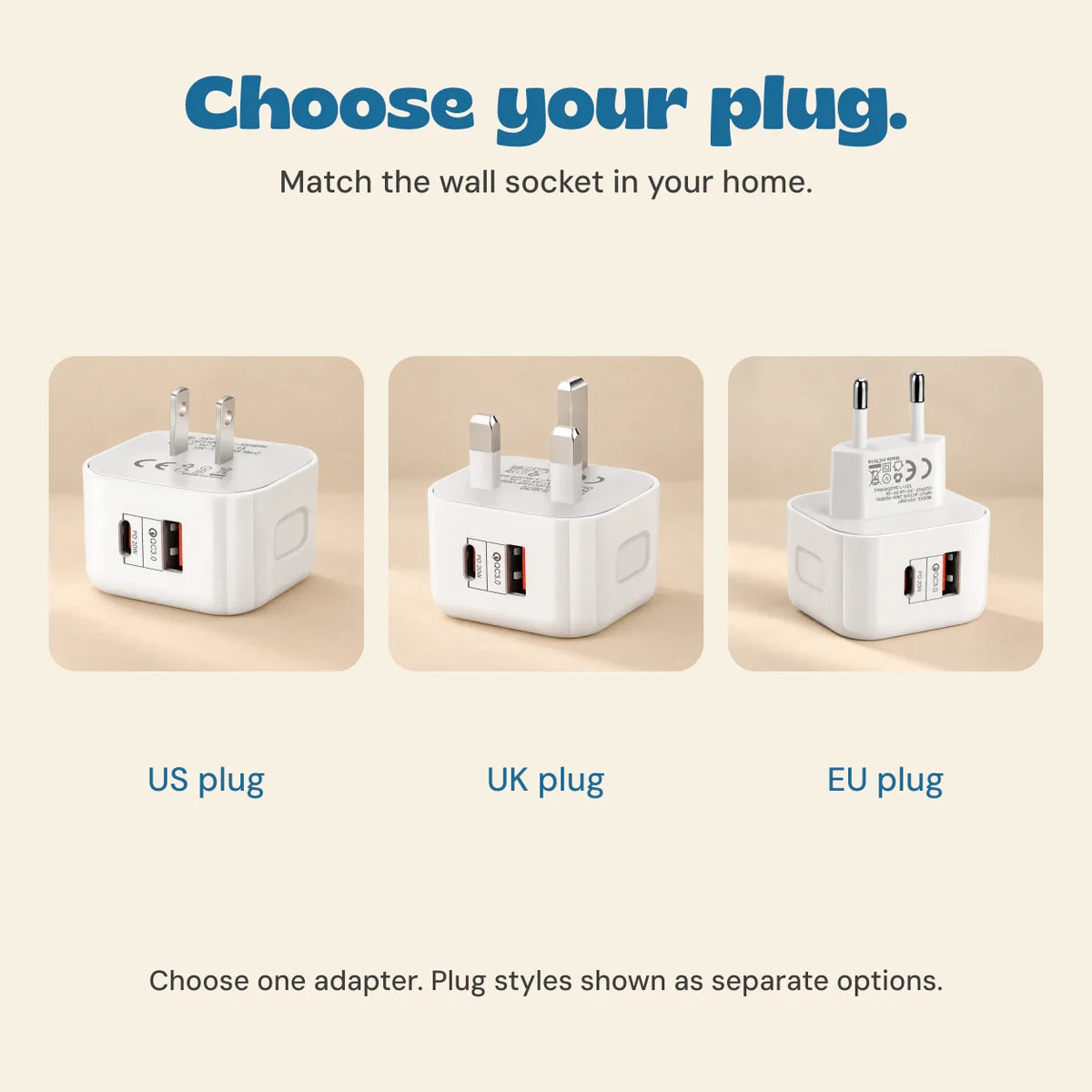 🔌 USB Wall Power Adapter – US, UK & EU Plug Options with USB-C Compatibility